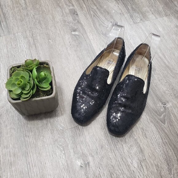 Jimmy Choo Black Sequin Smoking Slippers Sz 37 - Picture 2 of 10